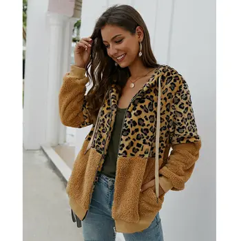 

Hot Womens Teddy Bear Fleece Coat Jacket Winter Warm Hoodie Outwear Leopard Patched Hooded Coats Jackets Women Zipper Outwears