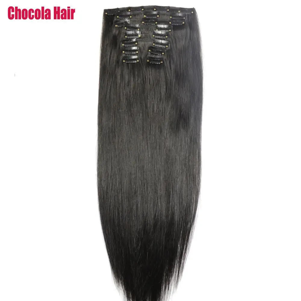 

Chocola 16"-28" 10pcs Set 140g-260g Brazilian Virgin Remy hair Clip In Human Hair Extensions Natural Straight Black Full Head