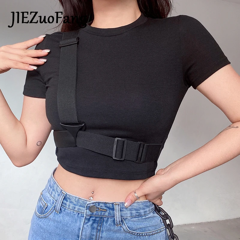 JIEZuoFang Chic Exposed Navel Gothic Women T-shirt Punk Drawstring Belt Decoration Summer Short Sleeve T-Shirts For Female
JIEZuoFang Chic Exposed Navel Gothic Women T-shirt Punk Drawstring Belt Decoration Summer Short Sleeve T-Shirts For Female