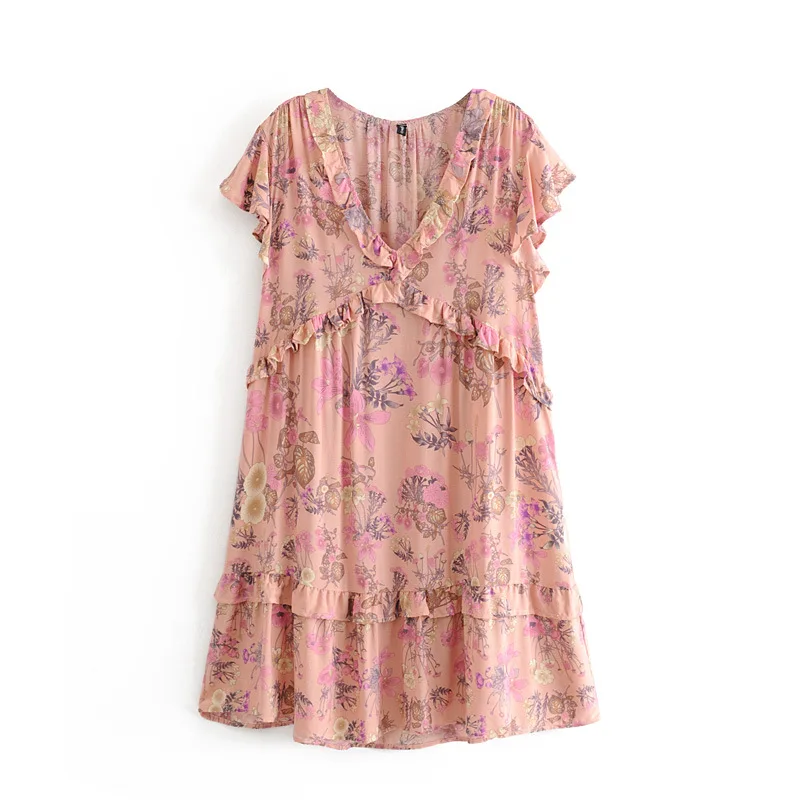 QZ837 Women V Neck Ruffles Short Sleeve Pink Color Floral Print Loose Design Viscose Dress Holiday Vestidos
QZ837 Women V Neck Ruffles Short Sleeve Pink Color Floral Print Loose Design Viscose Dress Holiday Vestidos
