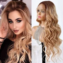 

Lace Front 13*4 Wig Ombre Rose Blonde Synthetic Wig with Dark Roots Wavy Deep Middle Parting Pastel Pink Ombre Wigs for Women