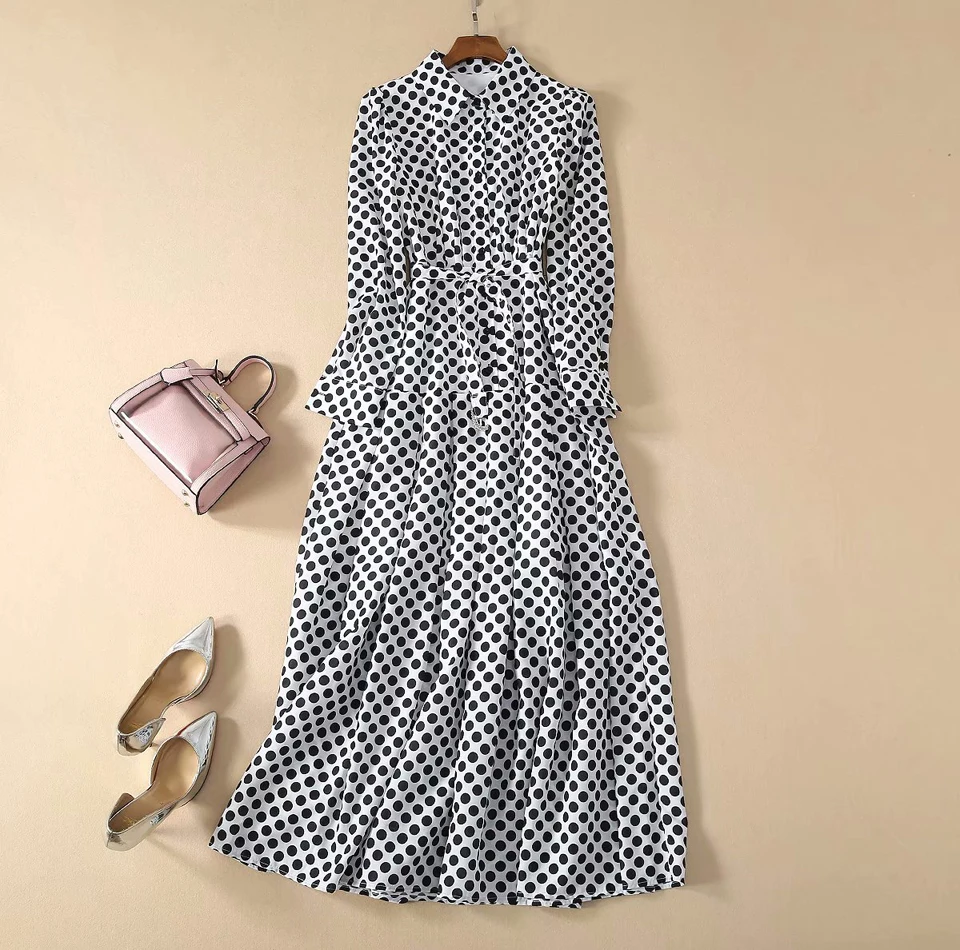 Dot Print Long Sleeve Single-Breasted Pleated Elegant Elegant Slim Party Belt Shirt Long Dress Spring Summer High Quality New Dot Print Long Sleeve Single-Breasted Pleated Elegant Elegant Slim Party Belt Shirt Long Dress Spring Summer High Quality New