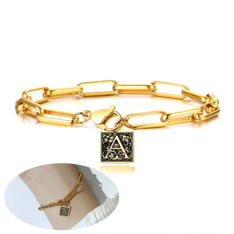 Link Cable Chain Bracelets Gold Color Stainless Steel Oval Letter Bangle With Custom Square Tag Jewelry For Women Gift
Link Cable Chain Bracelets Gold Color Stainless Steel Oval Letter Bangle With Custom Square Tag Jewelry For Women Gift