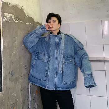 Men Pocket Ribbon Jean Short Jacket Vintage Fashion Streetwear Hip Hop Loose Casual Denim Jacket Coat Male Women Outerwear 
Men Pocket Ribbon Jean Short Jacket Vintage Fashion Streetwear Hip Hop Loose Casual Denim Jacket Coat Male Women Outerwear