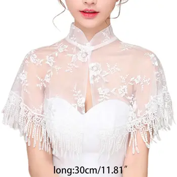 Wedding Bridal High Neck Wrap Sheer Tulle Shawl Stole Floral Embroidery Stand Collar Evening Party Women Shrug Cape with Tassels 
Wedding Bridal High Neck Wrap Sheer Tulle Shawl Stole Floral Embroidery Stand Collar Evening Party Women Shrug Cape with Tassels