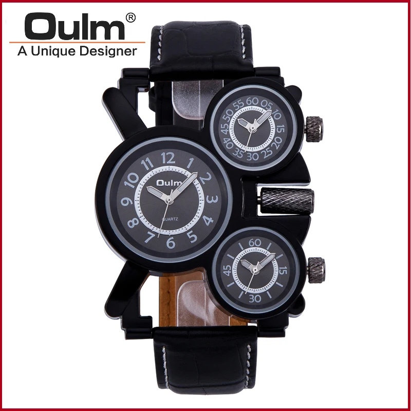

OULM 1167 Mens Vintage Steam Punk Leather Band Watches 3 Time Zone Japan MOVT Casual Quartz Watch