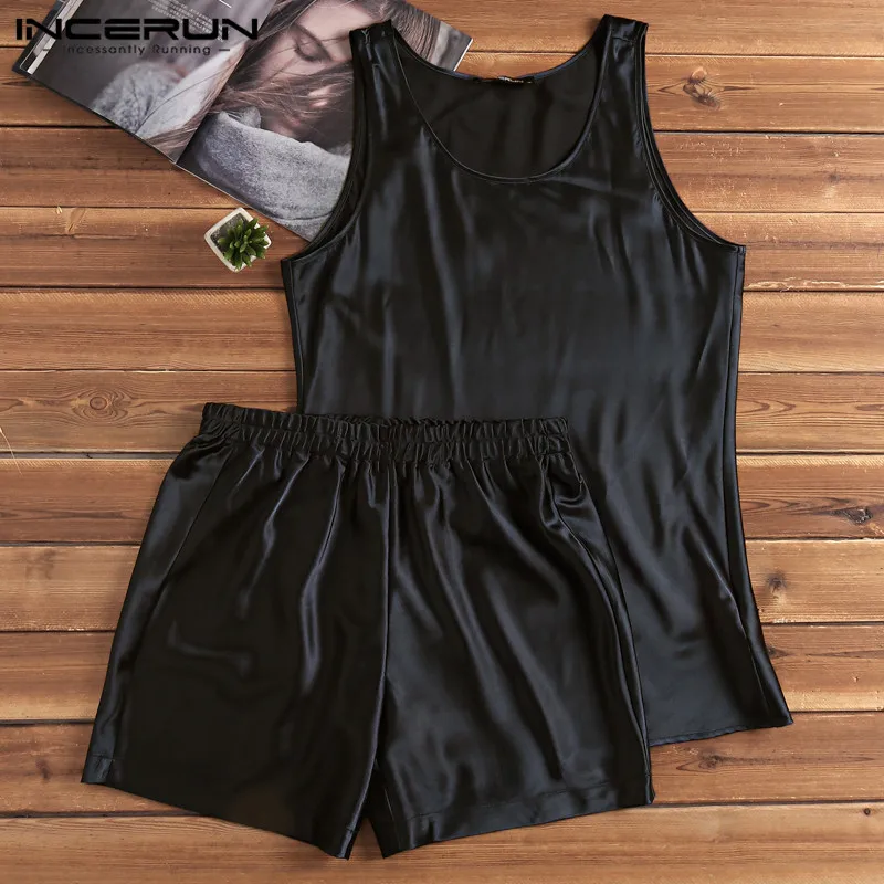 INCERUN Faux Silk Satin Men Pajamas Sets Breathable Homewear Sleeveless Tops Shorts Nightgown Pyjamas Men Sleepwear Sets Summer INCERUN Faux Silk Satin Men Pajamas Sets Breathable Homewear Sleeveless Tops Shorts Nightgown Pyjamas Men Sleepwear Sets Summer