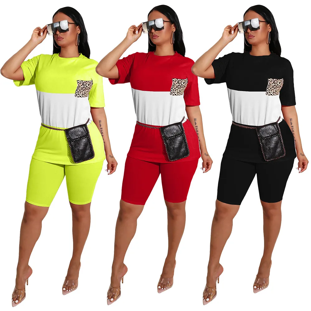 Patchwork Casual Women Short Tracksuit Pullover Short Sleeve and Pants Two Pieces Set with Leopard Pocket 2020 Summer Outfits 
Patchwork Casual Women Short Tracksuit Pullover Short Sleeve and Pants Two Pieces Set with Leopard Pocket 2020 Summer Outfits