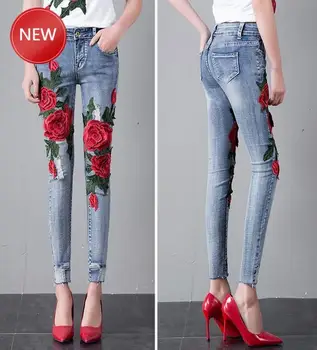 Women Jeans Stretch Elastic Jeans Pencil Hole Ripped Rose Pattern Jeans plus size Flower Embroidered ClothesKorean Pants
Women Jeans Stretch Elastic Jeans Pencil Hole Ripped Rose Pattern Jeans plus size Flower Embroidered ClothesKorean Pants