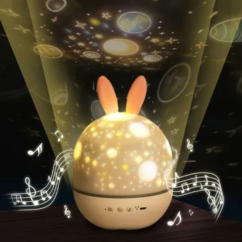 360 Degree Projector Night Light Charging Rotating Projection Table Lamp with Rabbit Ears for Baby Kids Room Baby Sleep Lighting