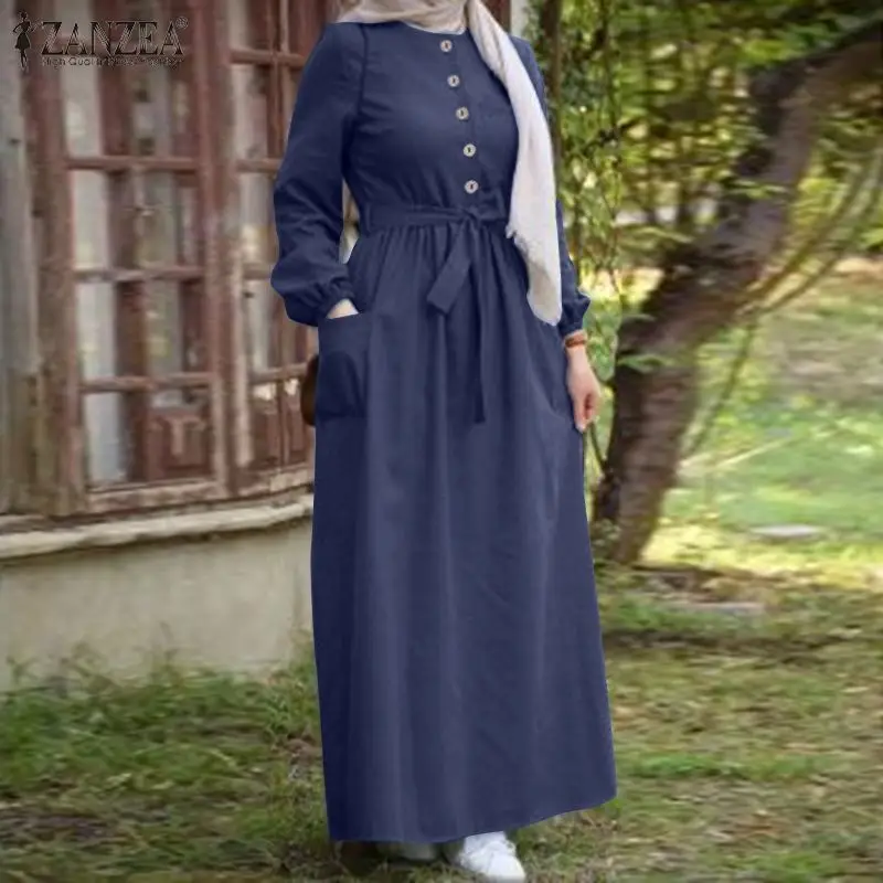 

Kaftan Muslim Solid Button Maxi Robe Women's Demin Blue Sundress ZANZEA 2023 Casual Long Sleeve Shirt Vestidos Female Dress