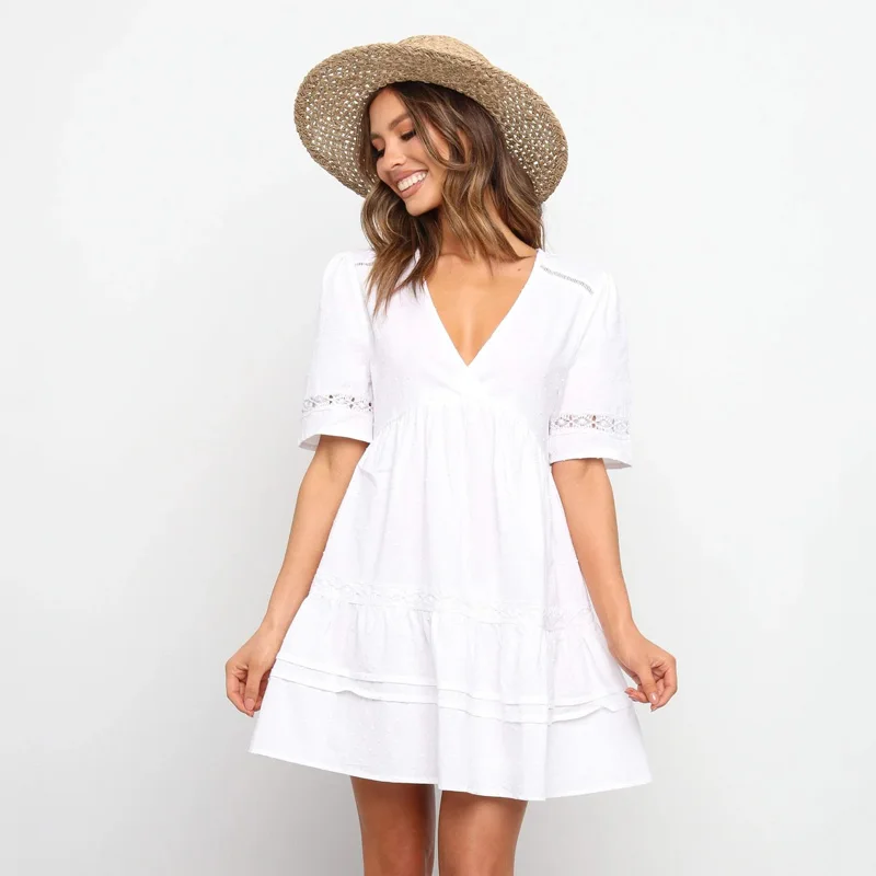 

Ardm Fashion V Neck White Short Sleeve Summer Dress Elegant High Waist Splicing Lace A Line Mini Dresses For Women Praty