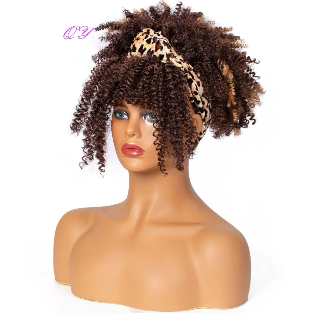 

Short Afro Kinky Curly Headband Wig Synthetic Women's Mix Brown Wig Daily Wear Natural Soft Fluffy Hair Bands Woman Fake Hair