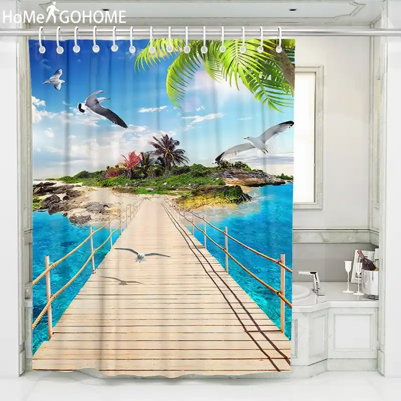 Island Landscape Shower Curtains Sea Bath Screen Bathroom Decor Waterproof Fabric Bathtub Shower Curtain 3d Beach Top Quality Shower Curtains Aliexpress