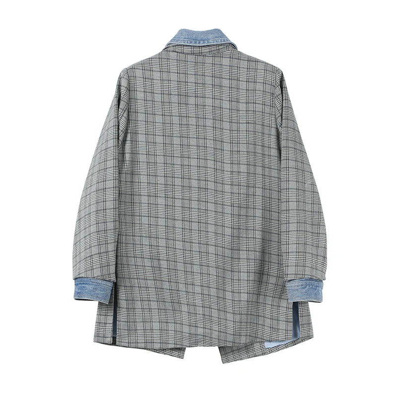 TWOTWINSTYLE Plaid Patchwork Denim Women's Jacket Lapel Collar Long Sleeve Korean Female Jacket Coats 2019 Autumn Fashion New (3).jpg