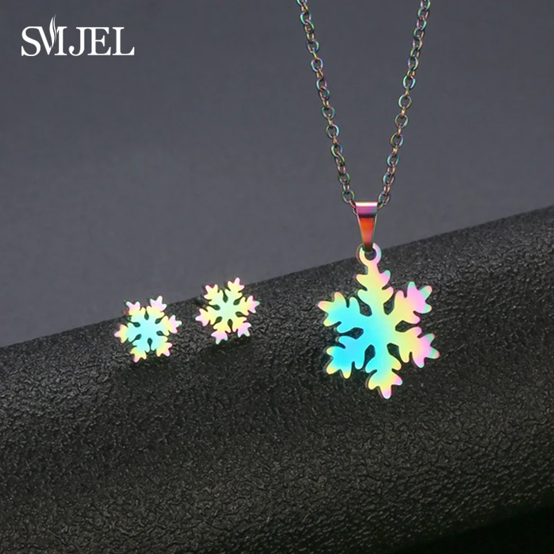 Фото SMJEL Snowflake Necklace for Women Stainless Steel Snow Flower Pendent Christmas Reindeer Studs Gift Child | Украшения и