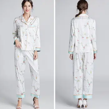 Women Floral Pajamas Set Faux Silk Long Sleeve Button Down Tops Pants Sleepwear 
Women Floral Pajamas Set Faux Silk Long Sleeve Button Down Tops Pants Sleepwear