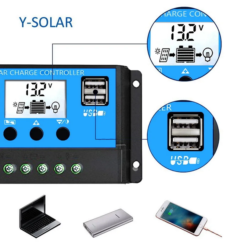 60A/50A/40A/30A/20A/10A 12V 24V Auto Solar Charge Controller PWM Controllers LCD Dual USB 5V Output Solar Panel Regulator
60A/50A/40A/30A/20A/10A 12V 24V Auto Solar Charge Controller PWM Controllers LCD Dual USB 5V Output Solar Panel Regulator