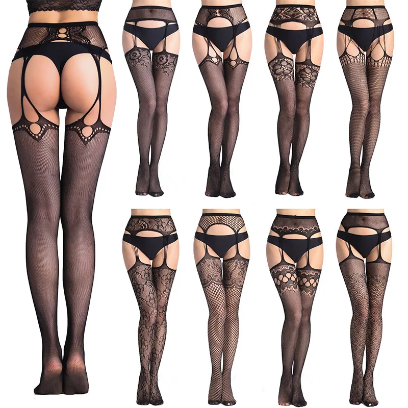 

Sexy Stockings Fishnet Lace Soft Top Thigh High Stockings + Garter Belt Suspenders Underwear Women's Black Floral Pantyhose