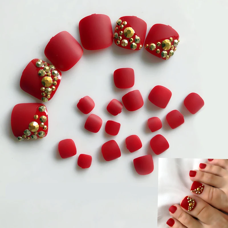24Pcs Acrylic False Toenail Full Paste Press Red Matte Foot Fake Nails Art Decoration Beauty Tools | Красота и здоровье