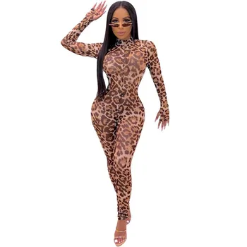 

Leopard Print Long Sleeve Women Jumpsuit Women Skinny Bodycon Sexy Mock Neck Romper Female Fitness Club Outfit Playsuit Overalls