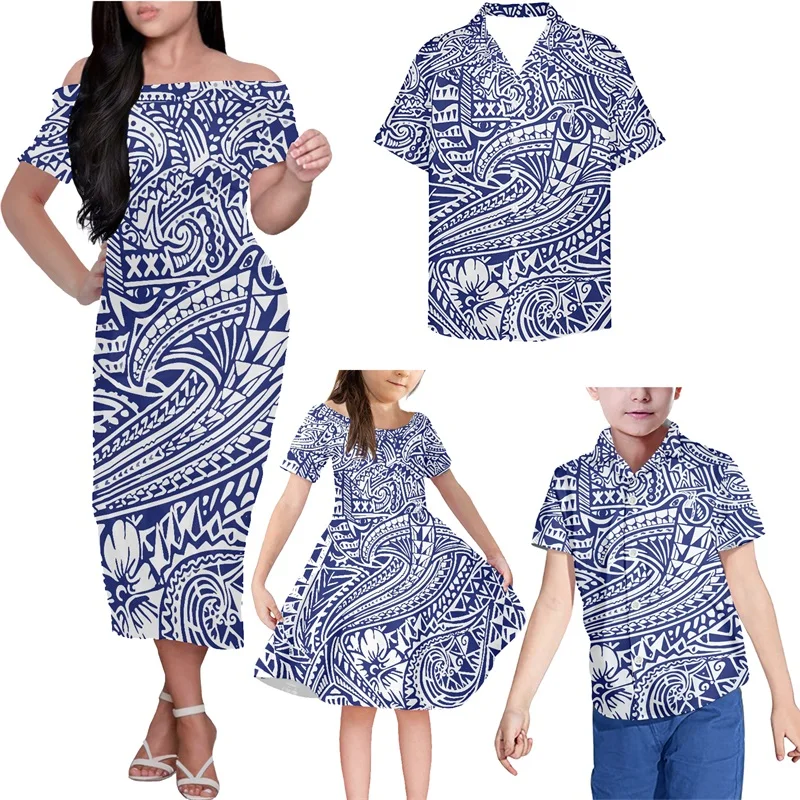 

HYCOOL High Quality 4pcs Family Clothing Hawaii Polynesian Tribal Printed Women Ruffle Off Shoulder Dress Match Men Shirt Casual