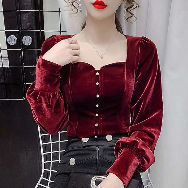 Velvet Lace Shirts Elegant Sweet Square Collar Women Velour Blouse Chic Exquisite Button Femme Blusas
Velvet Lace Shirts Elegant Sweet Square Collar Women Velour Blouse Chic Exquisite Button Femme Blusas