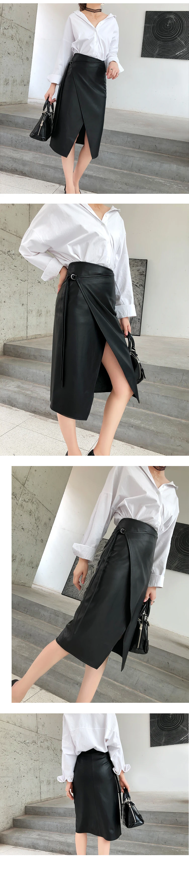Women Genuine Leather skirt Female Personality Simple Whole Skin Lace-up Long Black Wrap Street wear