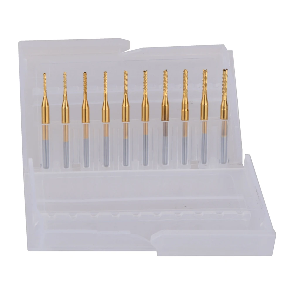 10pcs Titanium Coat Carbide 1.1-2.0mm PCB Carbide Tools, CNC Cutting Bits, Millinging Cutters Kit for Engraving Milling Machine
10pcs Titanium Coat Carbide 1.1-2.0mm PCB Carbide Tools, CNC Cutting Bits, Millinging Cutters Kit for Engraving Milling Machine