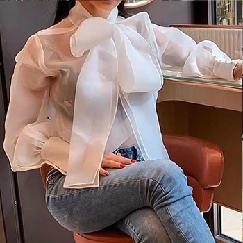 Women Sexy White Sheer Mesh SeeThrough Blouse Elegant Office Lady Puff Long Sleeve Tops with Bow 
Women Sexy White Sheer Mesh SeeThrough Blouse Elegant Office Lady Puff Long Sleeve Tops with Bow