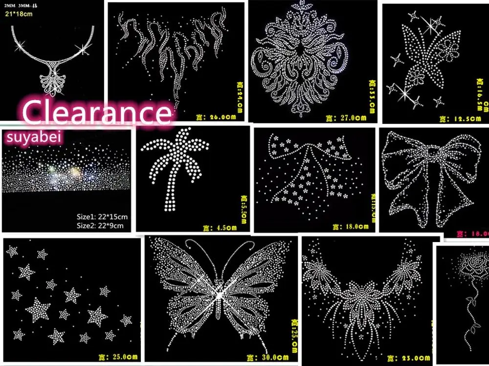 

20pc/lot Clearance iron hot fix rhinestone transfer motifs iron on crystal transfers design iron on applique patches for shirt