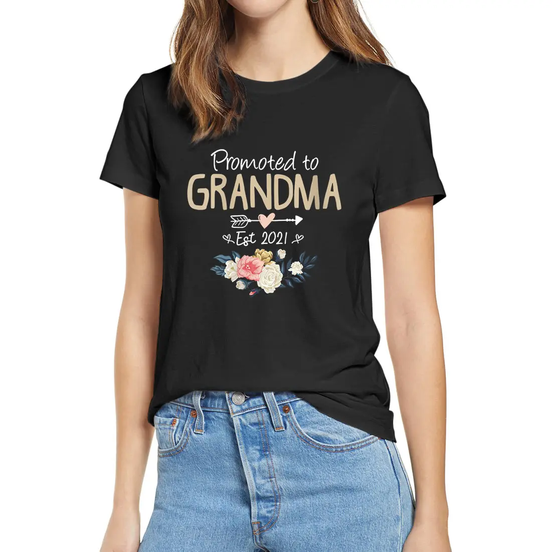 Unisex Funny Grandma Gift Promoted To Est 2021 Tshirt Women's 100% Cotton Short Sleeves Novelty T-Shirt Soft Top Tee | Женская