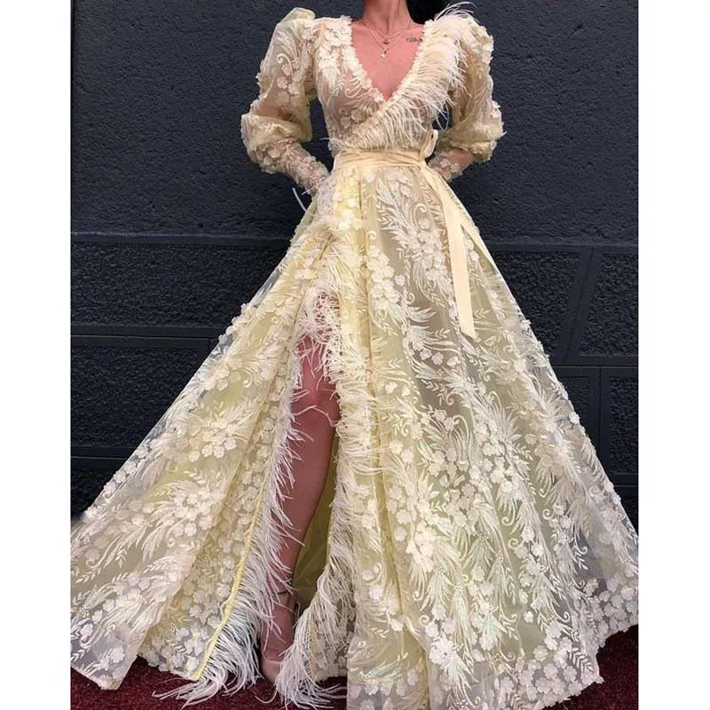 Light Yellow Saudi Arabia Prom Formal Dresses Sexy V Neck High Slit Lace Feathers Evening Gowns Long Sleeve Arabic Party Dress
Light Yellow Saudi Arabia Prom Formal Dresses Sexy V Neck High Slit Lace Feathers Evening Gowns Long Sleeve Arabic Party Dress