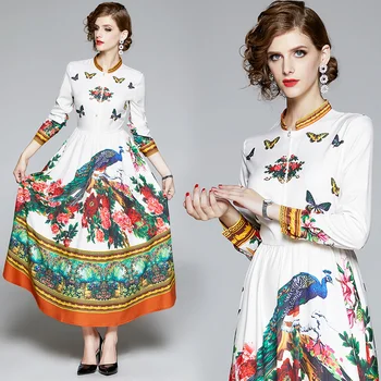 Autumn Fashion Designer Long Dress Robe Women's Long Sleeve Single-Breasted Floral Butterfly Peacock Print Party Vintage Dress
Autumn Fashion Designer Long Dress Robe Women's Long Sleeve Single-Breasted Floral Butterfly Peacock Print Party Vintage Dress