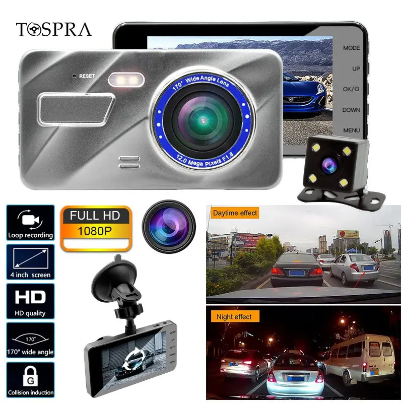 TOSPRA видеорегистратор с двумя объективами Автомобильный камера Full HD 1080P 4 дюйма IPS