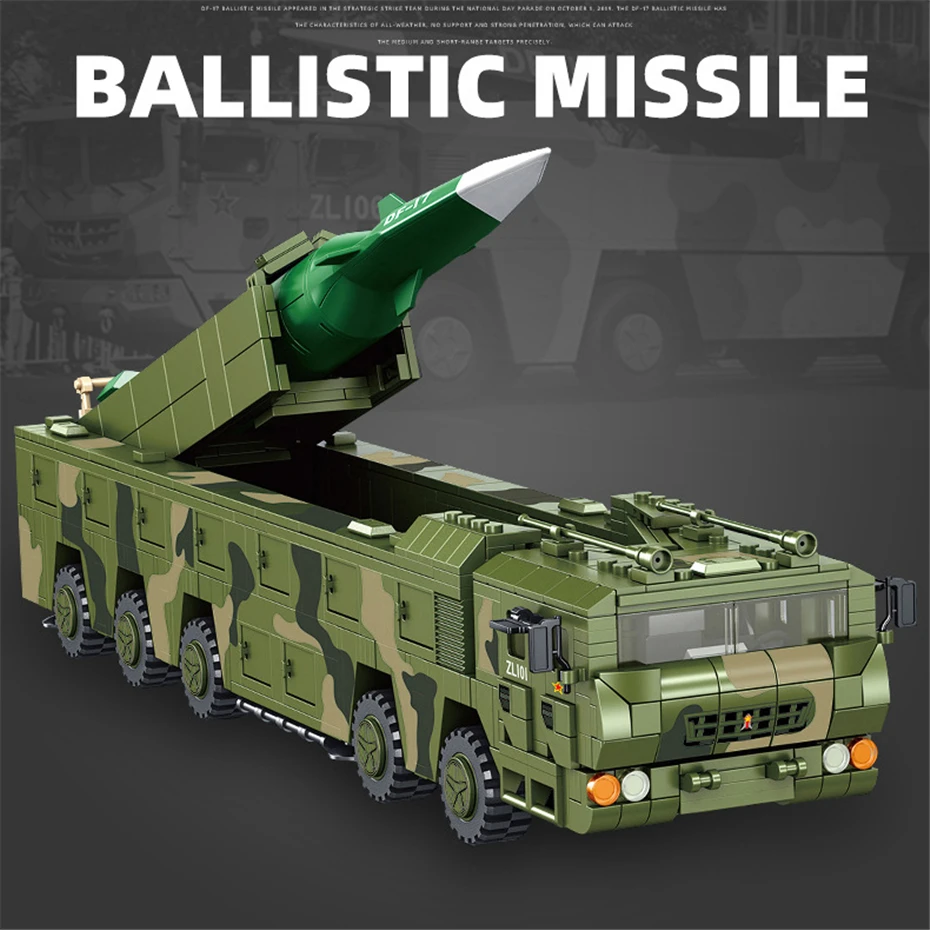 Military Bricks 1164pcs DF-17 Ballistic Missile Tank Model Building Blocks MOC Brick Assembly Chinese Weapon Missle Model Kits
Military Bricks 1164pcs DF-17 Ballistic Missile Tank Model Building Blocks MOC Brick Assembly Chinese Weapon Missle Model Kits