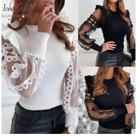 Fashion Women Spring Autumn T-Shirts Mesh Patchwork Design Lace Ruffles Decor See Through O-Neck Long Sleeve Solid Pullovers Top
Fashion Women Spring Autumn T-Shirts Mesh Patchwork Design Lace Ruffles Decor See Through O-Neck Long Sleeve Solid Pullovers Top