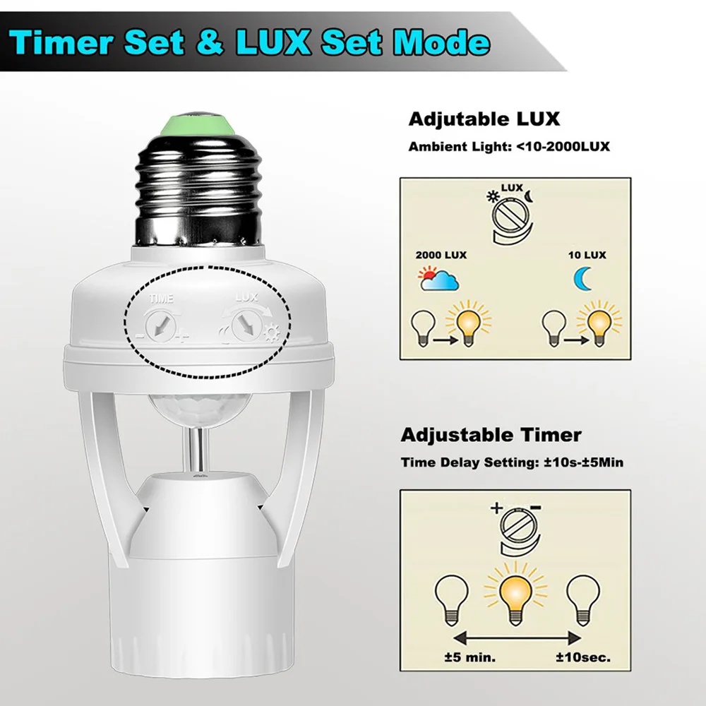 Motion Sensor Light Lamp Socket Adapter Infrared Sensor Lamp Adapter Suitable For E26/E27 Base for Garage/Porch/Stairs by LUXON
Motion Sensor Light Lamp Socket Adapter Infrared Sensor Lamp Adapter Suitable For E26/E27 Base for Garage/Porch/Stairs by LUXON
