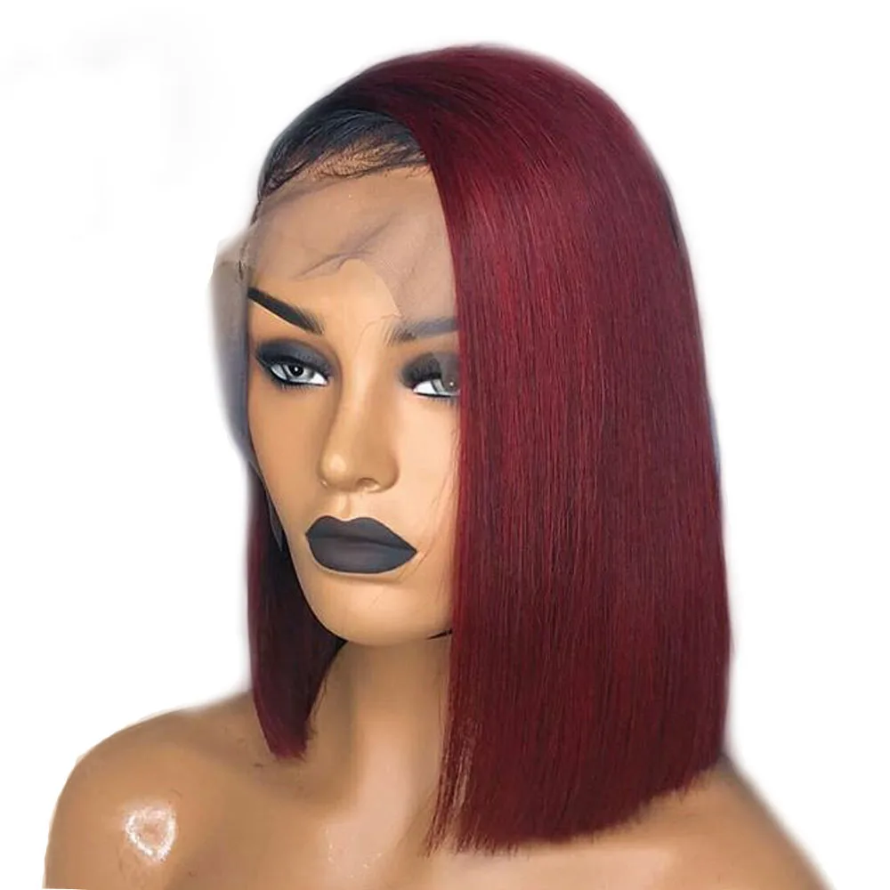 

Eversilky 1B/99J Ombre Burgundy Short Cut Bob 13x4 Lace Front Human Hair Wigs Pre Plucked With Baby Hair Peruvian Remy Red Wig