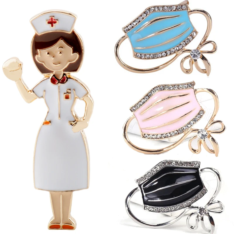 

2021 Rhinestones Mask Shaped Brooch Medical Doctor Nurse Jewelry Corsage Brooches for Women Men Lapel Pin Badge Gift