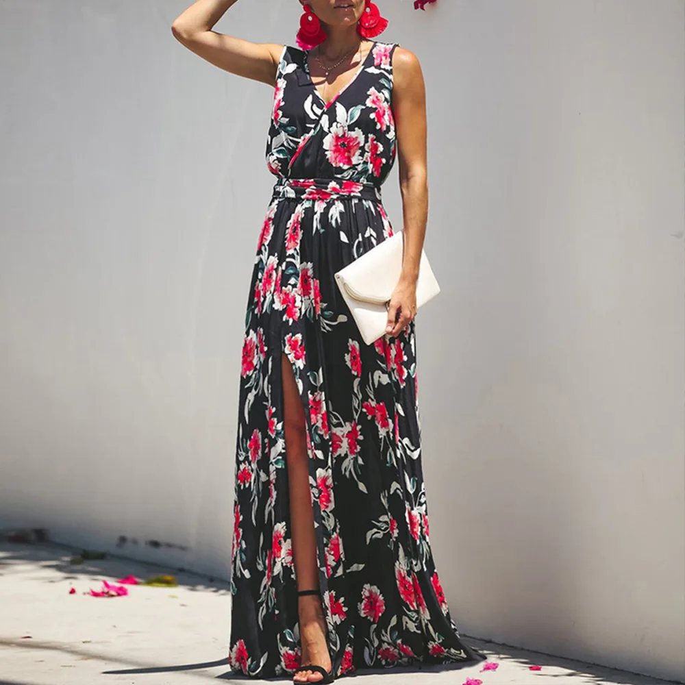 

Bohemian Woman Long Dress 2020 Spring V Neck Flower Maxi Ladies Dresses Elegant Waistband Robe Longue Femme Sale Items