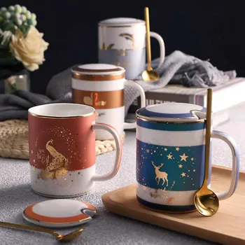 

Beautiful Mug Coffee With elk pattern Ceramic Cup with spoon lid household Drinkware gift couple drinking cups