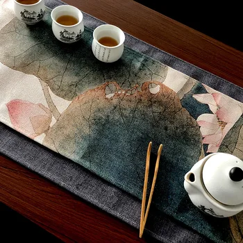 

Vintage Ink Lotus Table Runner Zen Waterproof Chinese Tea Ceremony Table Flag Tablecloth Tea Cloth