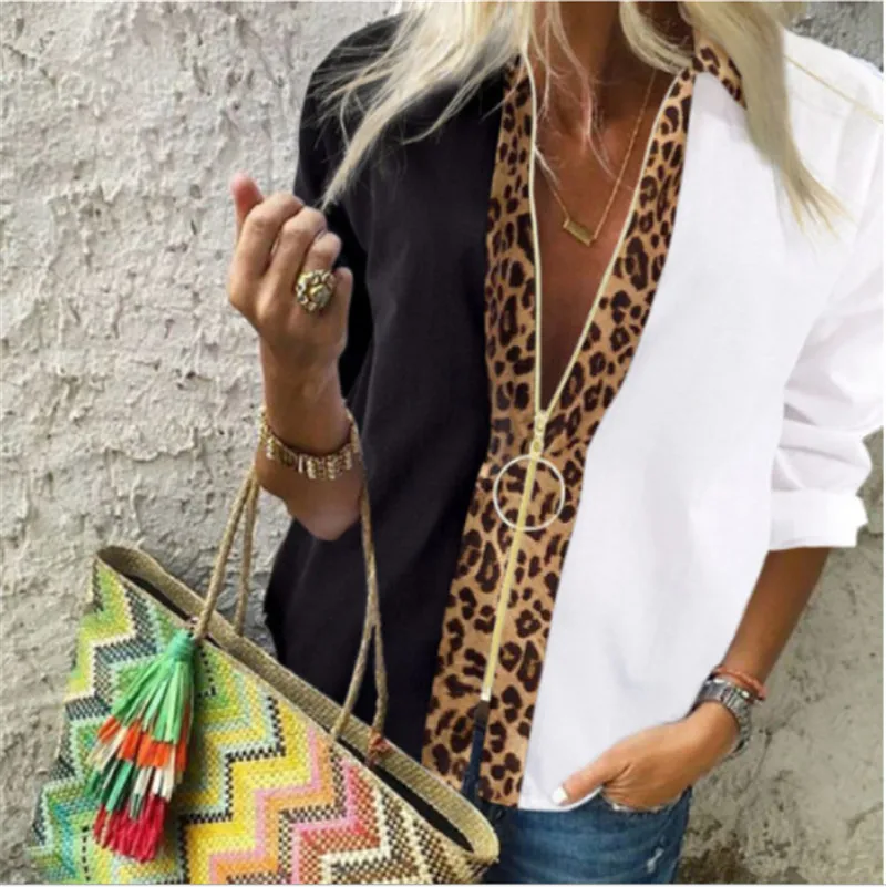 

New Fashion Leopard White Spliced Blouse Women Shirts Spring Fall Long Sleeve Zip Up V-Neck Tops Casual Female Plus Size Blouse