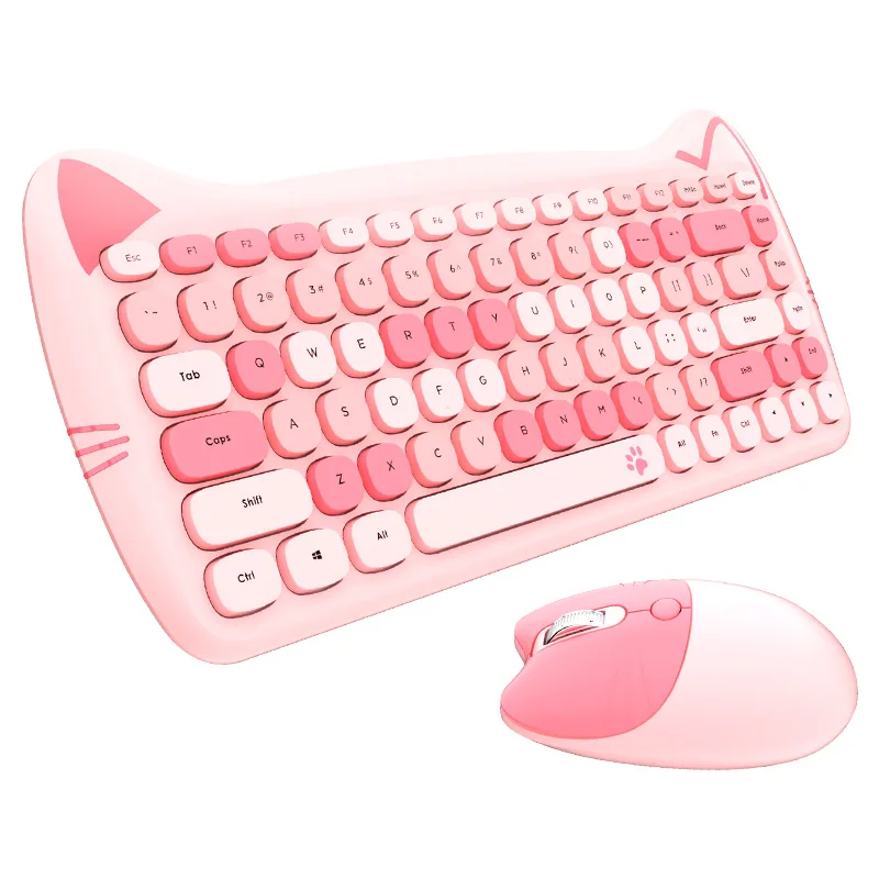Cute Cat Ears 2.4G Wireless Keyboard Mouse Set 84 Keys Home Office Gaming Mini Pink/Purple Gamer For PC Laptop |