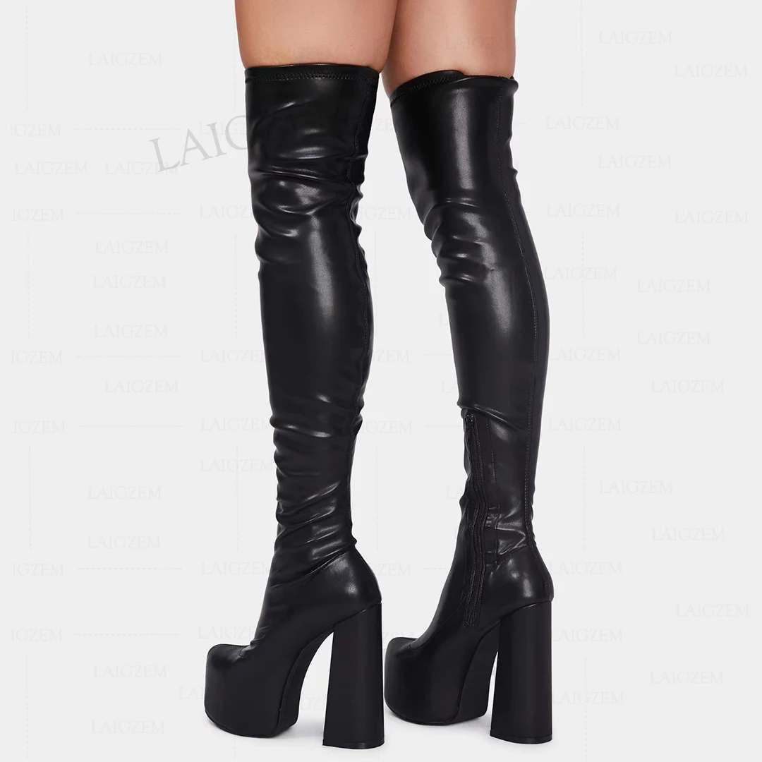 

SEIIHEM Women Over Knee High Boots Stretchy Side Zip Chunky High Heels Boots Ladies Zapatos Mujer Shoes Woman Big Size 41 44 47
