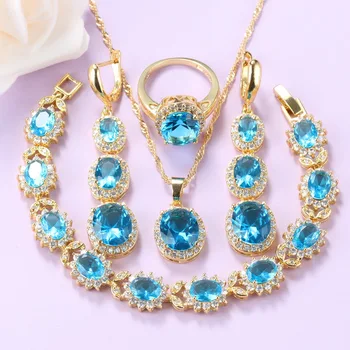 Wedding-Party Africa Women Jewelry Sets Gold Color Costume Sky Blue Cubic Zirconia Long Earrings Necklace Bracelet And Ring Set
Wedding-Party Africa Women Jewelry Sets Gold Color Costume Sky Blue Cubic Zirconia Long Earrings Necklace Bracelet And Ring Set