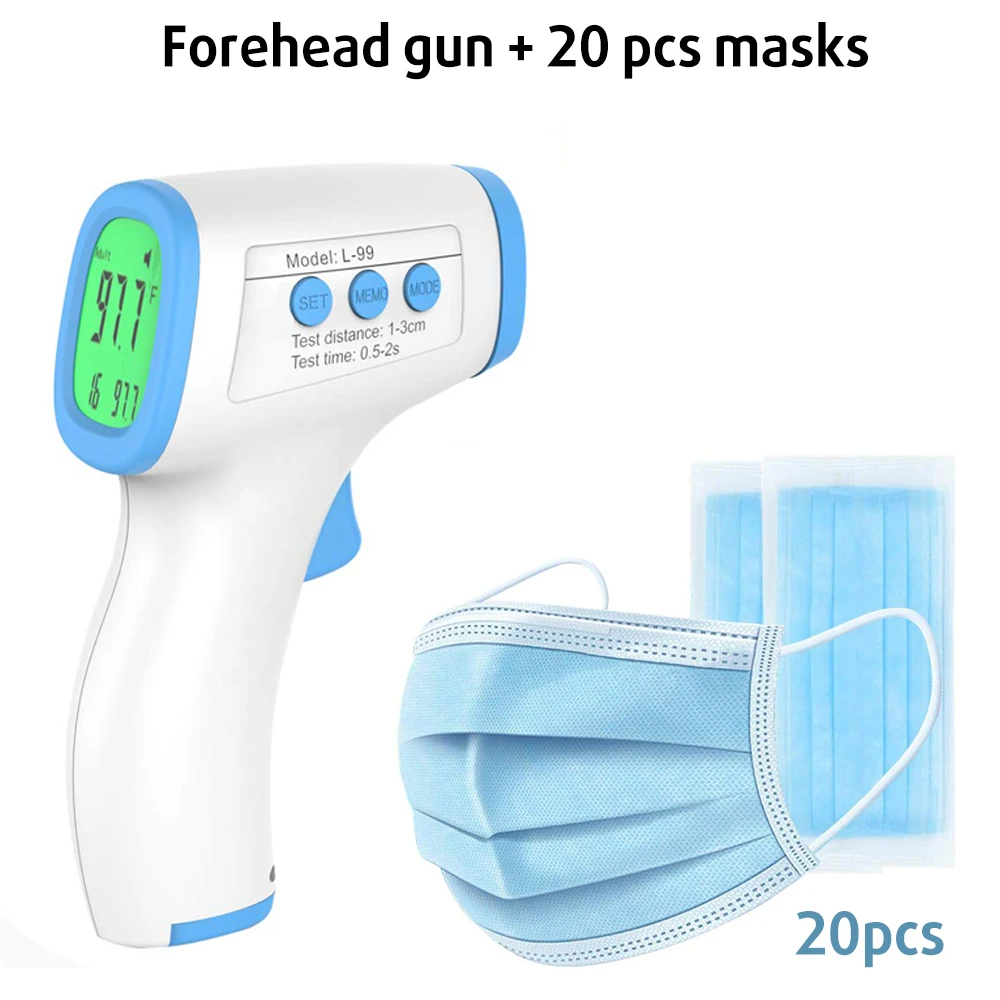 Body IR Thermometer + 20Pcs Face Masks Temperature Fast Detect Non Contact Digital Thermometer Measure Tool For Baby Adult
Body IR Thermometer + 20Pcs Face Masks Temperature Fast Detect Non Contact Digital Thermometer Measure Tool For Baby Adult