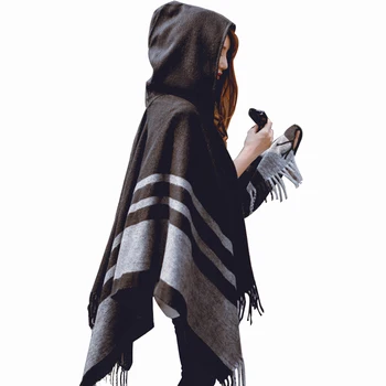 

2020 Fashion Tassel Women's Poncho Hooded Striped Winter Scarves For Women Knitted Warm Scarf Shawls Female Pashmina Cape Cloak