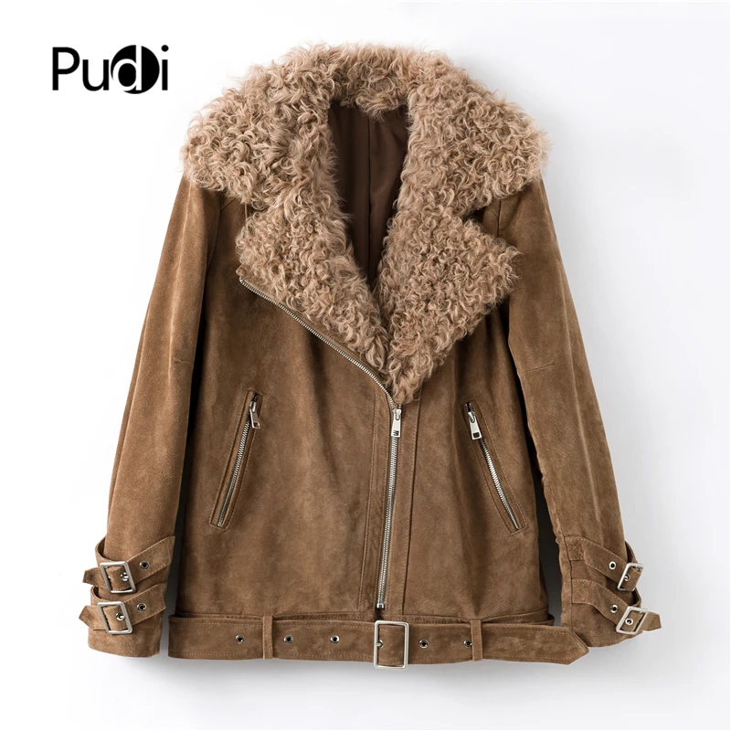 Женское зимнее мотоциклетное пальто Pudi из натуральной кожи овечьей шерсти для